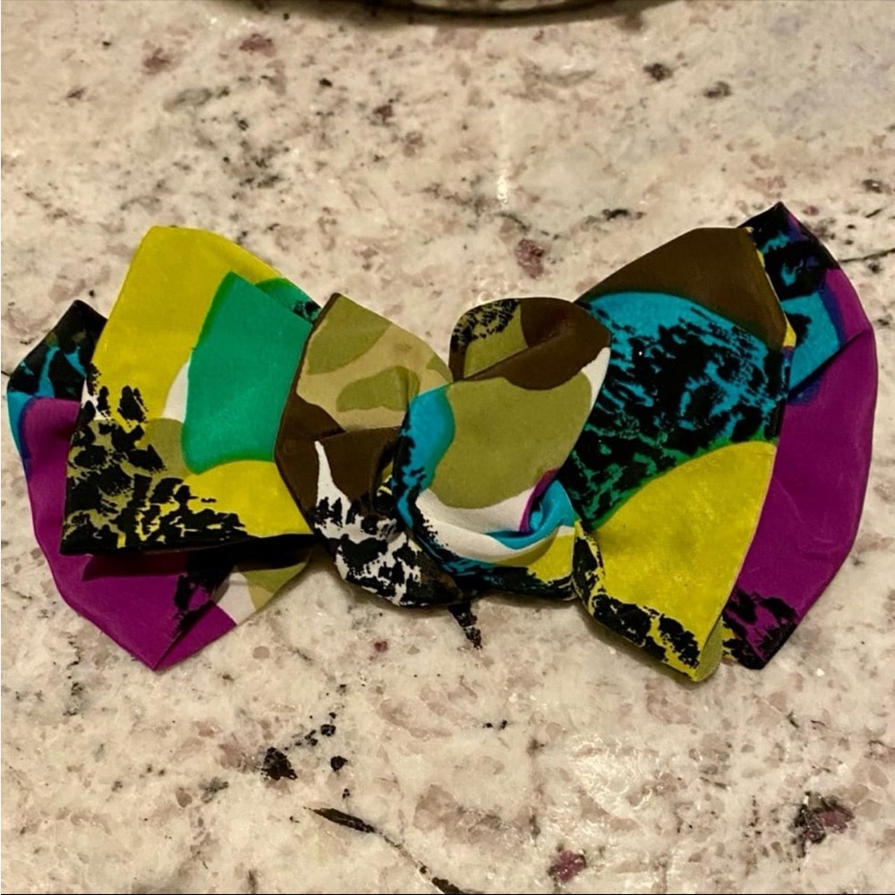 NWOT Vintage Large Bright Multicolored Fabric Hair Bow Silky Clip Barrette